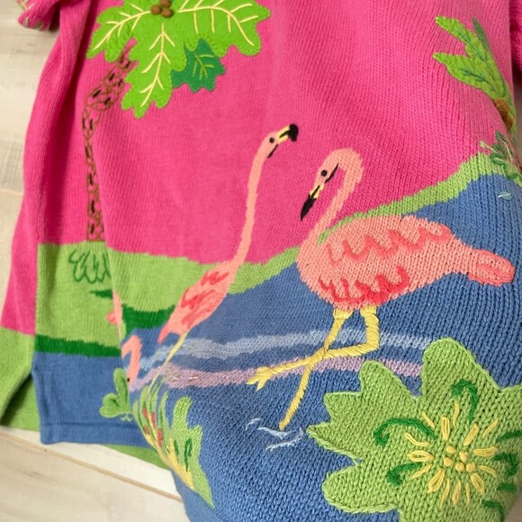 Vintage The Quacker Factory Pink Short Sleeve Flamingo Sweater Shirt Size XL - Picture 3 of 9